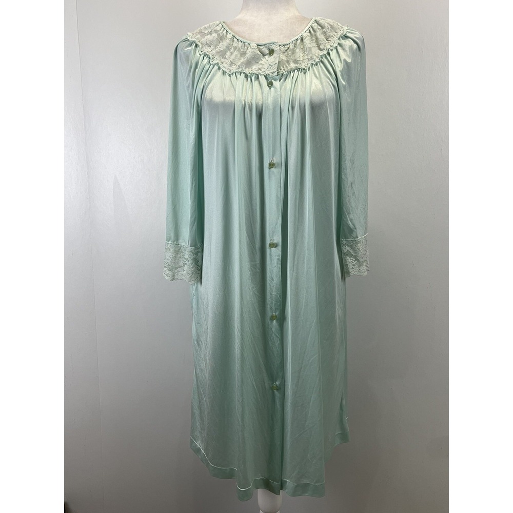Vintage Gilead Nylon Midi Robe Sz Medium VGUC Lace Trim Full Button Blue